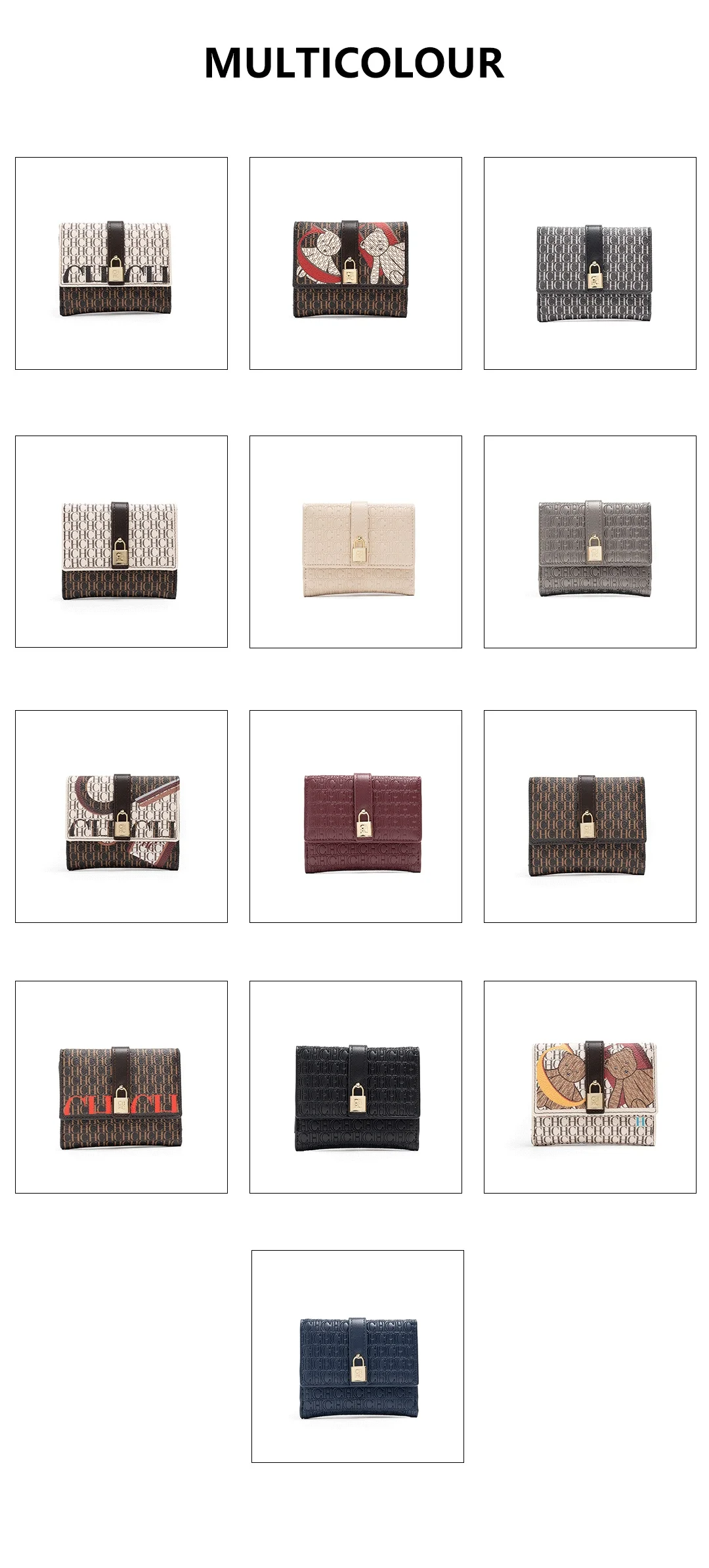 CH Women Short Wallet Vintage Printed Coin Purse Small Leather Wallet Card Holder Foldable Clutch Purse with Lock Buckle