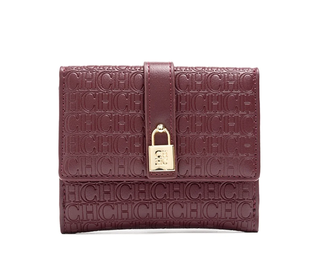 CH Women Short Wallet Vintage Printed Coin Purse Small Leather Wallet Card Holder Foldable Clutch Purse with Lock Buckle