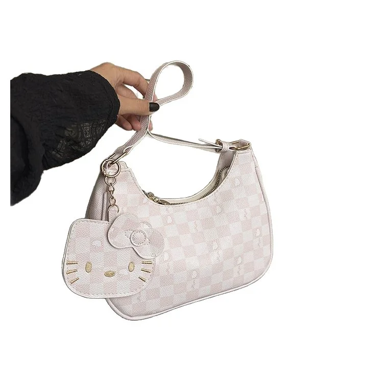 Women Y2K Cute Underarm Shoulder Bag Checkerboard Pattern PU Leather Hobo Bag With Cartoon Pendant Sweet Girls Fashion Daily Handbag Purse