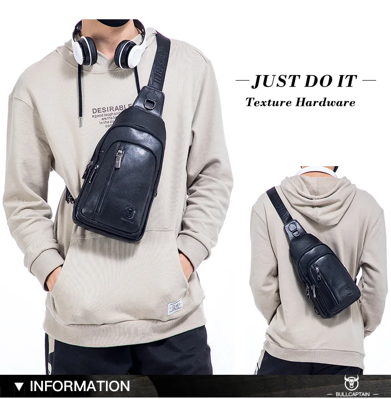 BULLCAPTAIN Men's Genuine Leather Chest Bag Fashion Leisure Multifunctional Crossbody Bag Music Chest Bag Men's Chest Bag