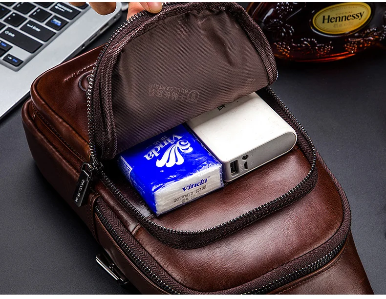 BULLCAPTAIN Men's Genuine Leather Chest Bag Fashion Leisure Multifunctional Crossbody Bag Music Chest Bag Men's Chest Bag