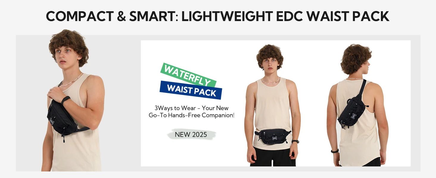 WATERFLY 1.5L Lightweight Fanny Pack: RFID Blocking, Anti-Theft, Water Resistant Crossbody Bag for Travel, EDC