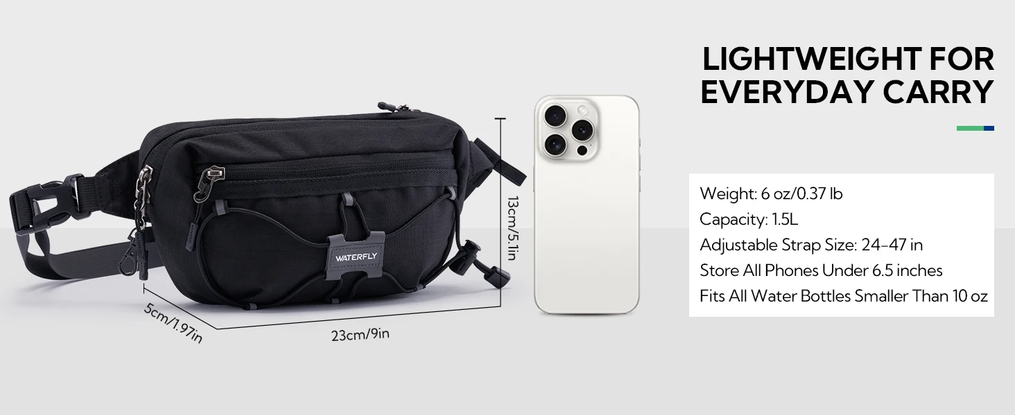 WATERFLY 1.5L Lightweight Fanny Pack: RFID Blocking, Anti-Theft, Water Resistant Crossbody Bag for Travel, EDC