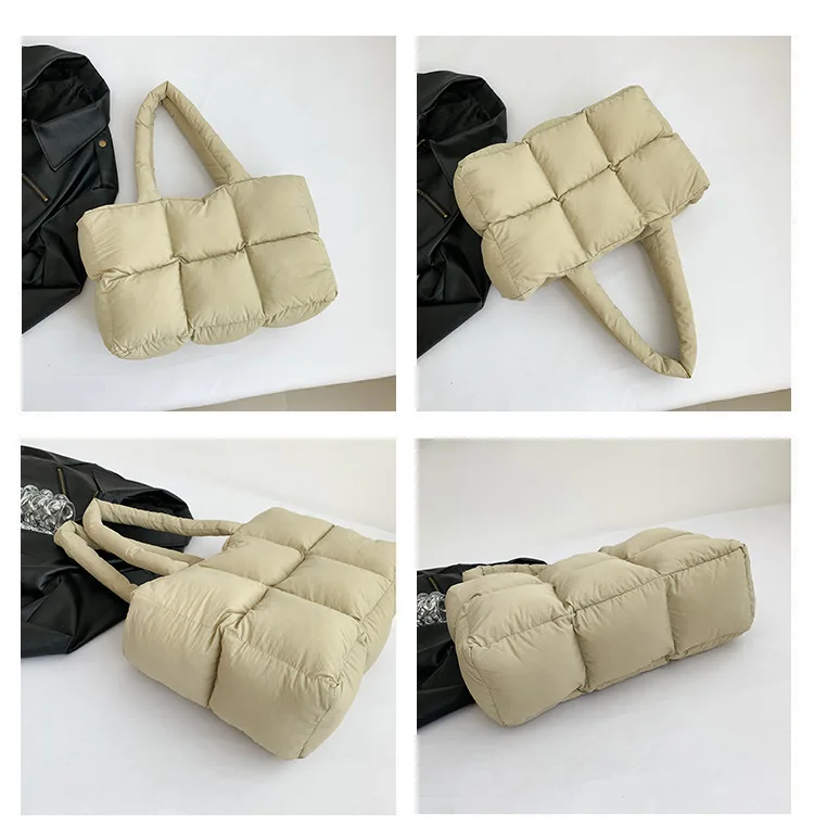 Women Tote Handbags Quilted Plaid Bag Retro Trendy Checkered Waterproof Shoulder Bag Solid Color Winter Soft Large Capacity Bags
