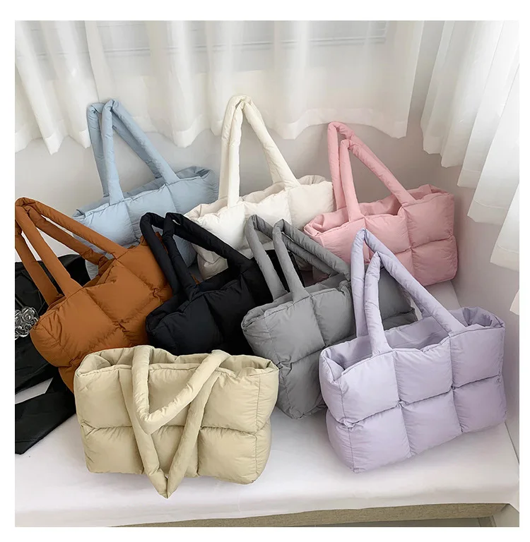 Women Tote Handbags Quilted Plaid Bag Retro Trendy Checkered Waterproof Shoulder Bag Solid Color Winter Soft Large Capacity Bags