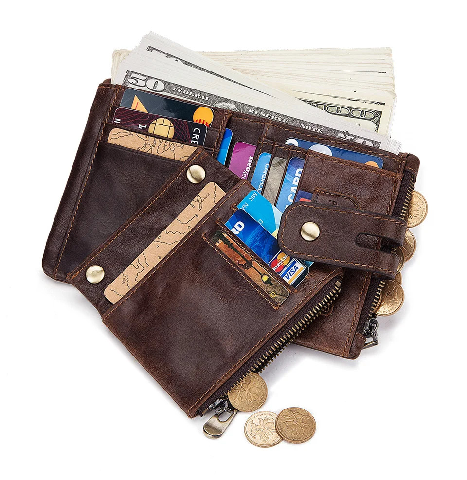 HUMERPAUL100% Genuine Cowhide Leather Wallet For Men Short RFID Money Purse Card Holder Double Zipper Bifold Coin Pocket
