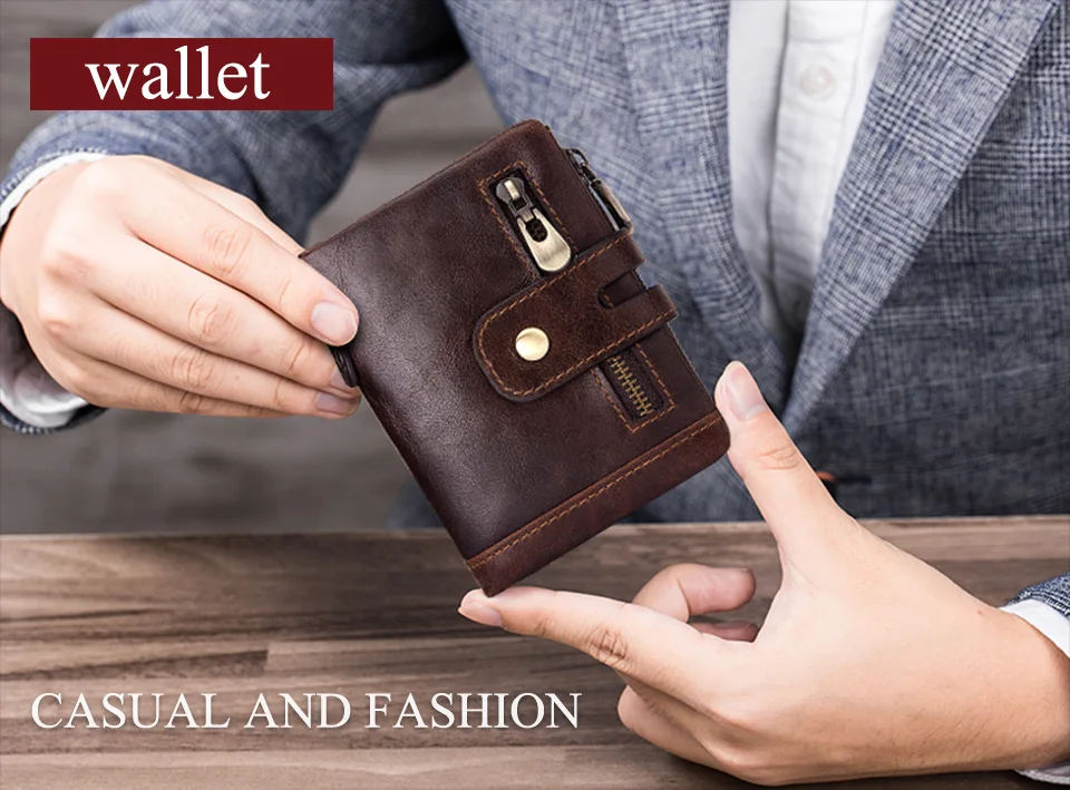 HUMERPAUL100% Genuine Cowhide Leather Wallet For Men Short RFID Money Purse Card Holder Double Zipper Bifold Coin Pocket