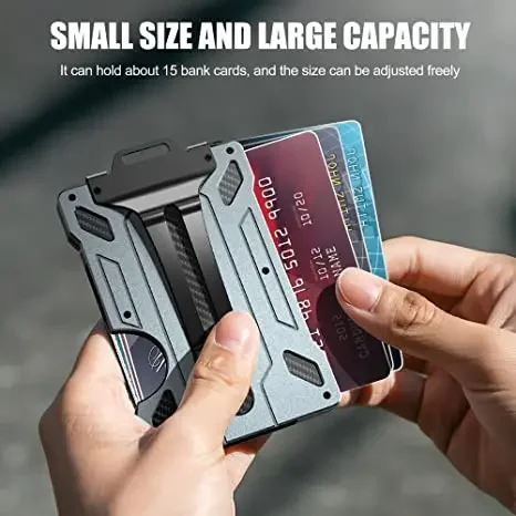 Wallet for Men Slim Aluminum Metal Money Clip with 1 Clear Window ID Badge Holder RFID Blocking Holds Up 15 Cards with Cash Clip