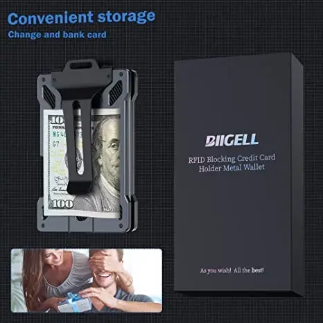 Wallet for Men Slim Aluminum Metal Money Clip with 1 Clear Window ID Badge Holder RFID Blocking Holds Up 15 Cards with Cash Clip