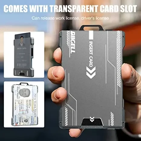 Wallet for Men Slim Aluminum Metal Money Clip with 1 Clear Window ID Badge Holder RFID Blocking Holds Up 15 Cards with Cash Clip