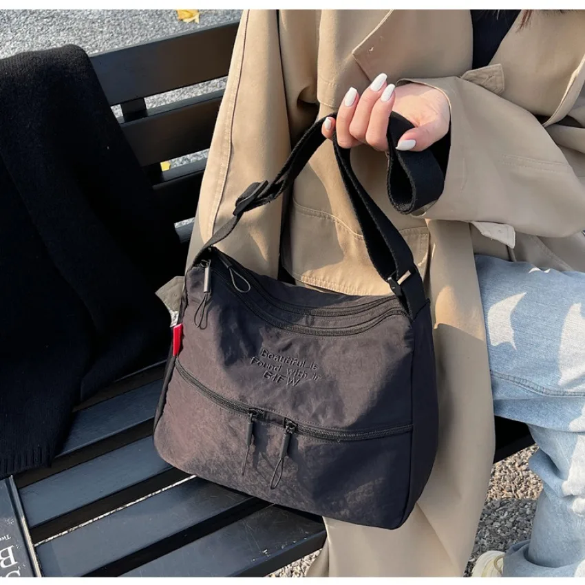 Washed Cloth Shoulder Bag Fashionable Women Travel Pocket Multi Pocket Waterproof Diagonal Cross Bag Casual Soft School Sacoche