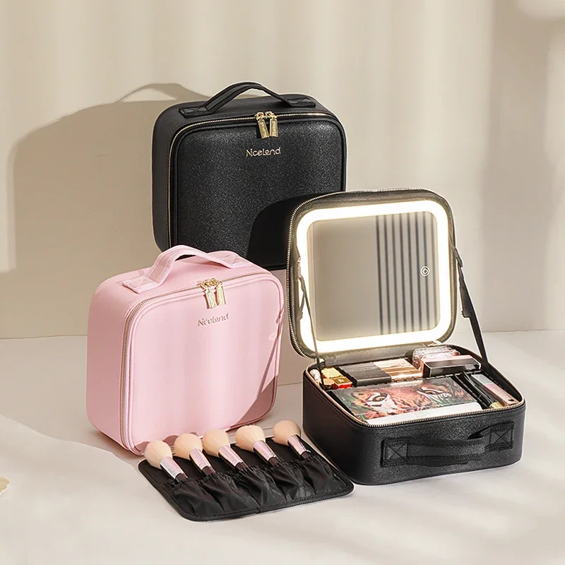 3 Color Train Case Mirror, White Portable Makeup Case Waterproof Organizer with Adjustable Dividers, Cosmetics Storage Case Gift