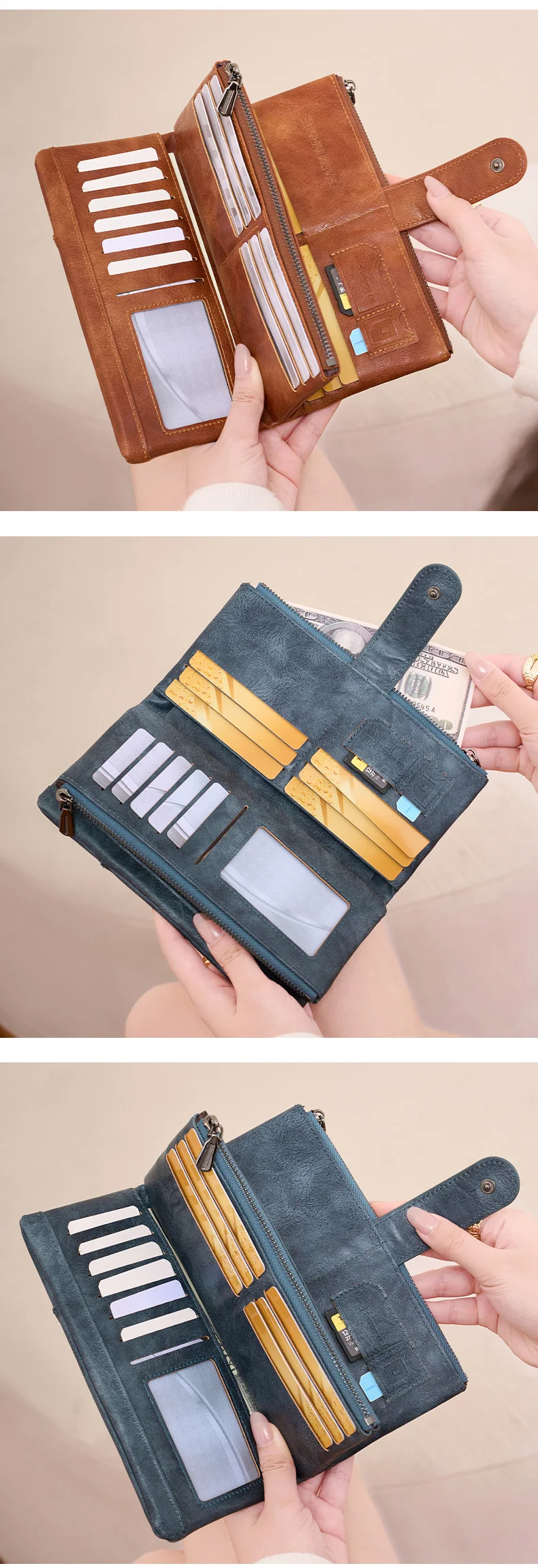 RFID Anti-Theft Women's Wallet, Retro Double Zipper Large Capacity Credit Card Holder, Fashion Simple Tri-fold Long Clutch Bag