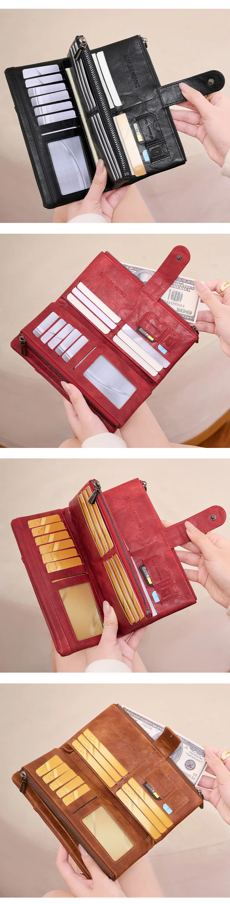 RFID Anti-Theft Women's Wallet, Retro Double Zipper Large Capacity Credit Card Holder, Fashion Simple Tri-fold Long Clutch Bag