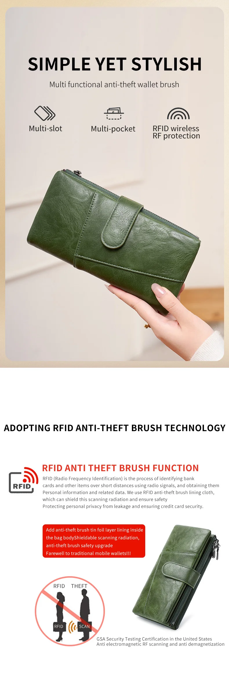 RFID Anti-Theft Women's Wallet, Retro Double Zipper Large Capacity Credit Card Holder, Fashion Simple Tri-fold Long Clutch Bag