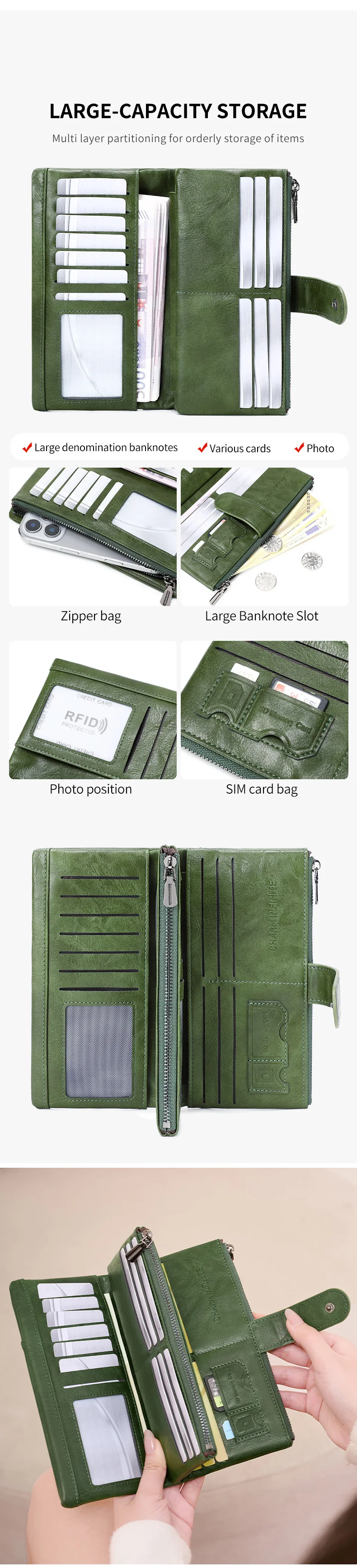 RFID Anti-Theft Women's Wallet, Retro Double Zipper Large Capacity Credit Card Holder, Fashion Simple Tri-fold Long Clutch Bag