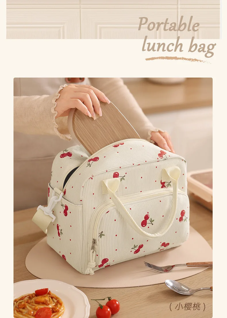 Corduroy Lunch Bag Thermal Insulation Lunch Box Storage Handbag Crossbody Multifunctional Kid School Cooler Bag Picnic FoodPouch