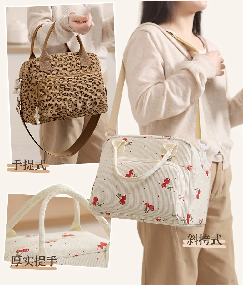 Corduroy Lunch Bag Thermal Insulation Lunch Box Storage Handbag Crossbody Multifunctional Kid School Cooler Bag Picnic FoodPouch