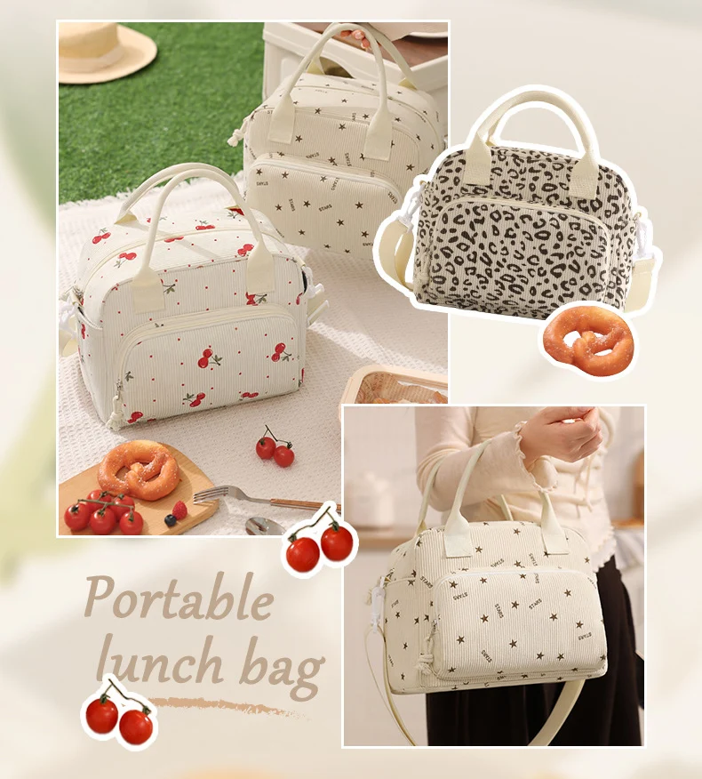 Corduroy Lunch Bag Thermal Insulation Lunch Box Storage Handbag Crossbody Multifunctional Kid School Cooler Bag Picnic FoodPouch