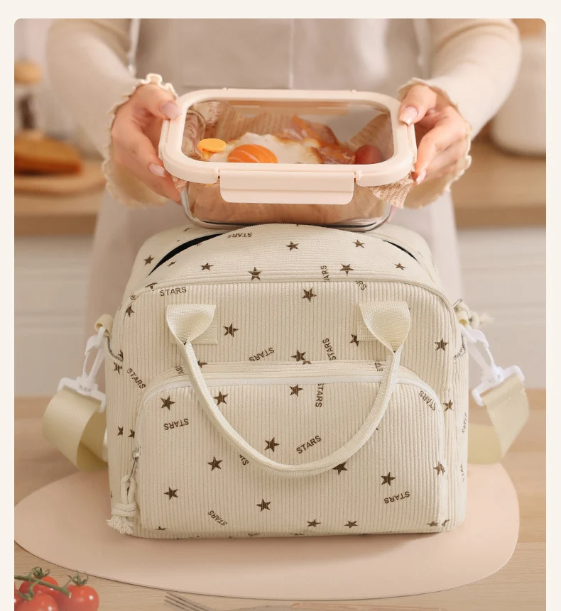Corduroy Lunch Bag Thermal Insulation Lunch Box Storage Handbag Crossbody Multifunctional Kid School Cooler Bag Picnic FoodPouch