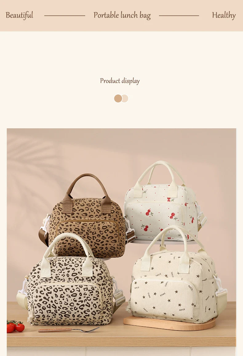 Corduroy Lunch Bag Thermal Insulation Lunch Box Storage Handbag Crossbody Multifunctional Kid School Cooler Bag Picnic FoodPouch