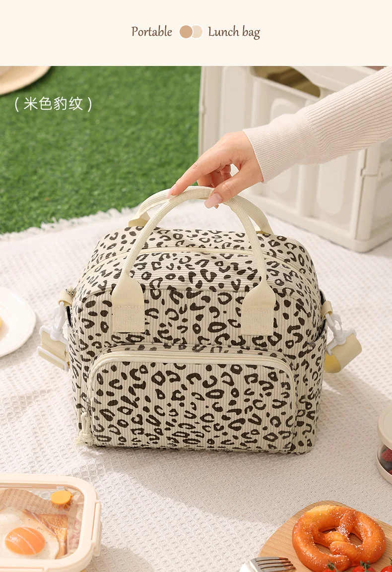 Corduroy Lunch Bag Thermal Insulation Lunch Box Storage Handbag Crossbody Multifunctional Kid School Cooler Bag Picnic FoodPouch