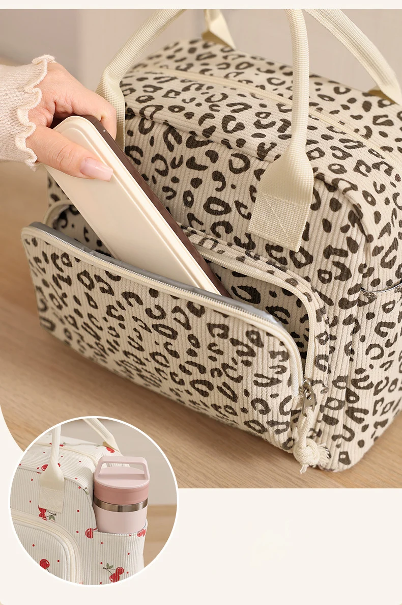 Corduroy Lunch Bag Thermal Insulation Lunch Box Storage Handbag Crossbody Multifunctional Kid School Cooler Bag Picnic FoodPouch