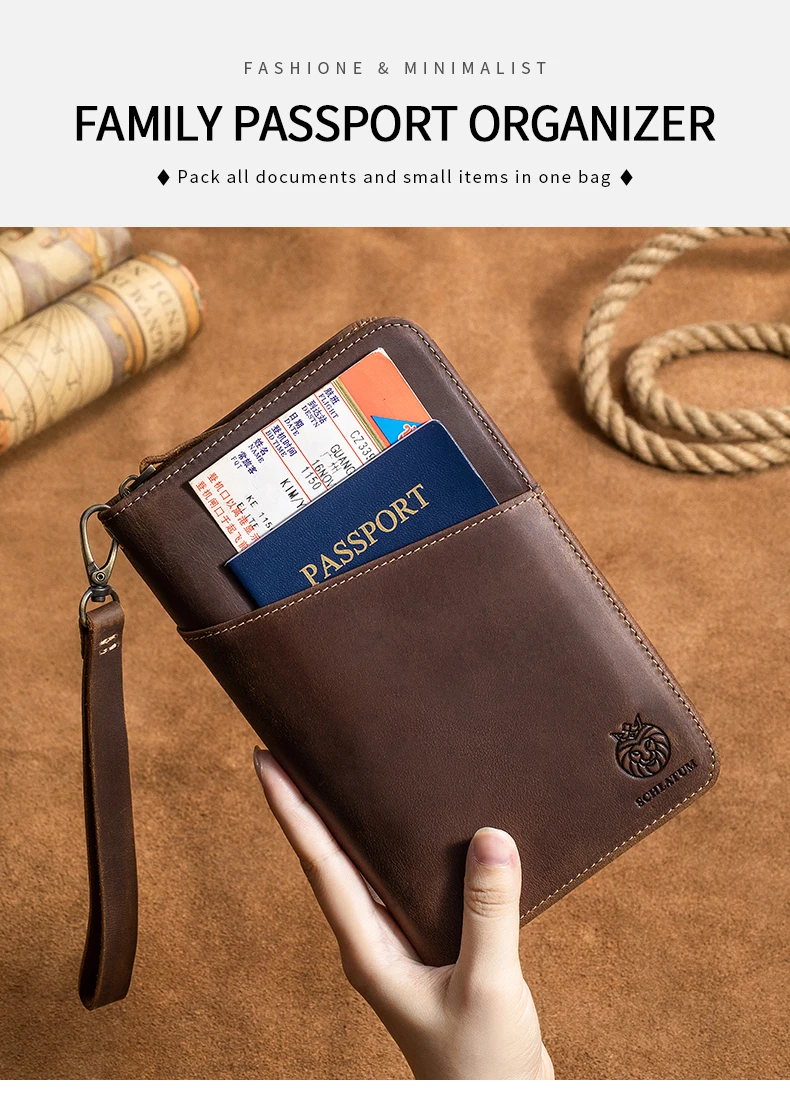 Passport Holder for Travel Family with Strap Genuine Leather RFID Blocking Travel Document Organizer Wallet with Pen Holder