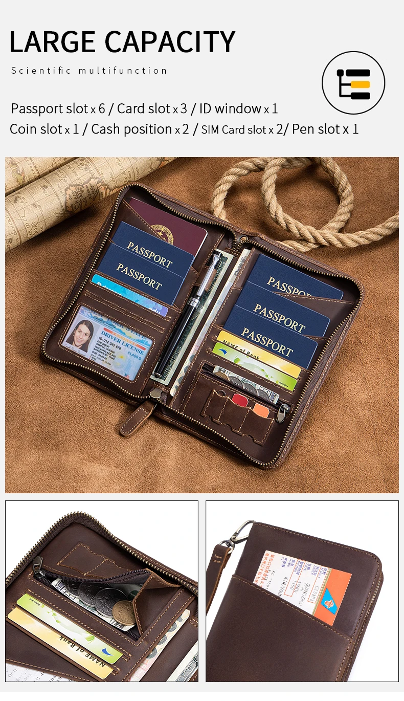 Passport Holder for Travel Family with Strap Genuine Leather RFID Blocking Travel Document Organizer Wallet with Pen Holder
