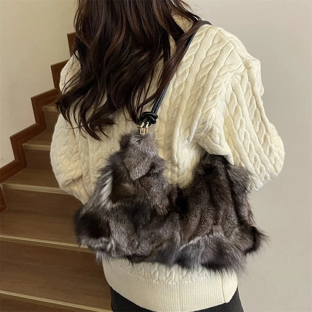 Winter Warm Fox Fur Shoulder Hobo Bags For Women Latest Luxury Designer Purses And Handbags Elegant Evening Bag For Dinner Party