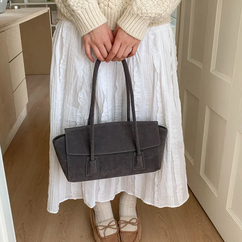 Vintage Suede Shoulder Bag Korean Fashion Simple Crossbody Handle Bag for Women Comfortable and Versatile Texture Storage Bags