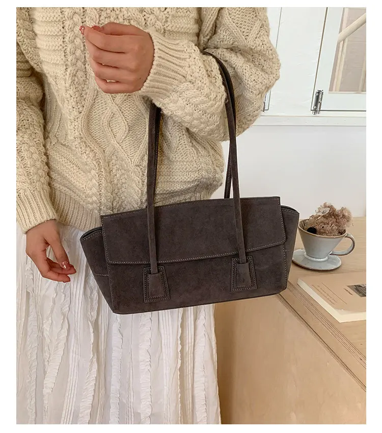 Vintage Suede Shoulder Bag Korean Fashion Simple Crossbody Handle Bag for Women Comfortable and Versatile Texture Storage Bags
