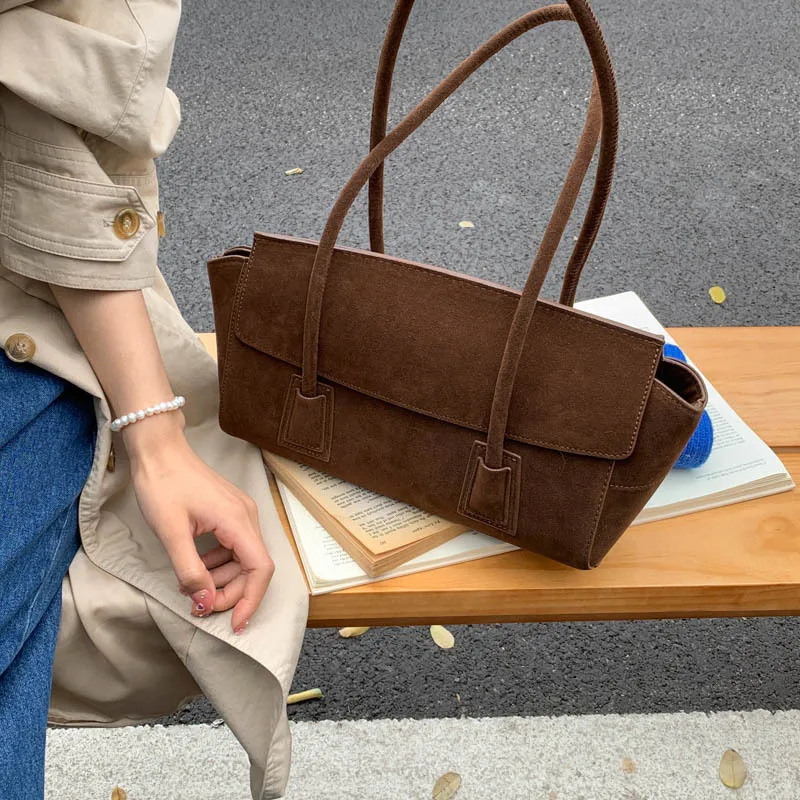 Vintage Suede Shoulder Bag Korean Fashion Simple Crossbody Handle Bag for Women Comfortable and Versatile Texture Storage Bags