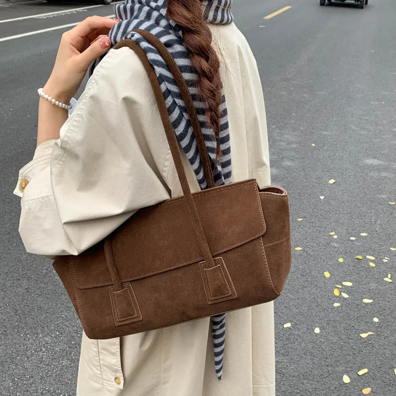 Vintage Suede Shoulder Bag Korean Fashion Simple Crossbody Handle Bag for Women Comfortable and Versatile Texture Storage Bags