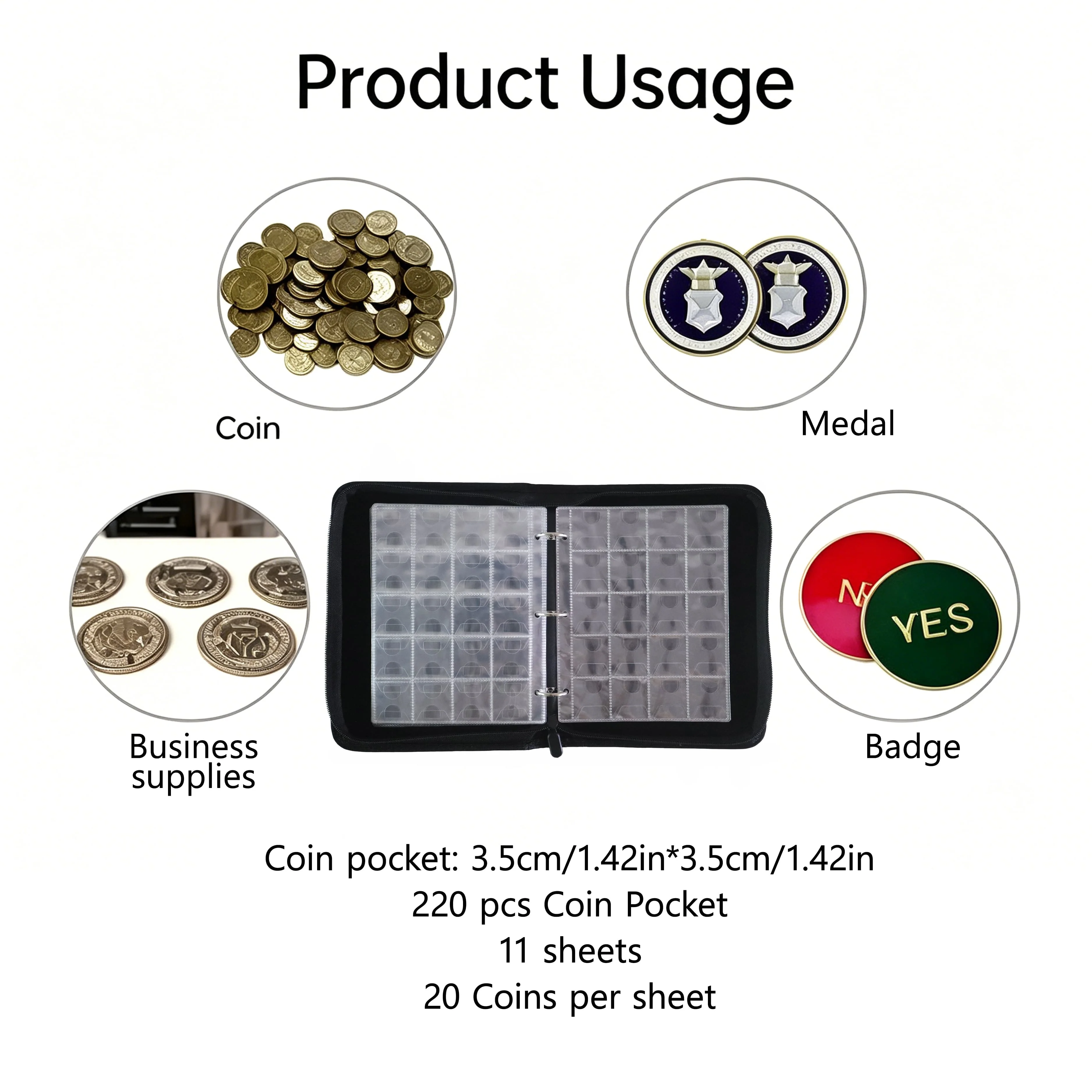 220 Slots Coin Collector Book Zipper PU Coin Storage Album Portable Coin Protector for Collection Display
