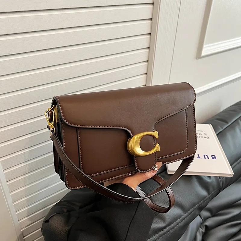 2026 New European Fashionable Solid PU Leather C-Lock Mini Square Underarm Crossbody Bag, Versatile Daily Purse for Women