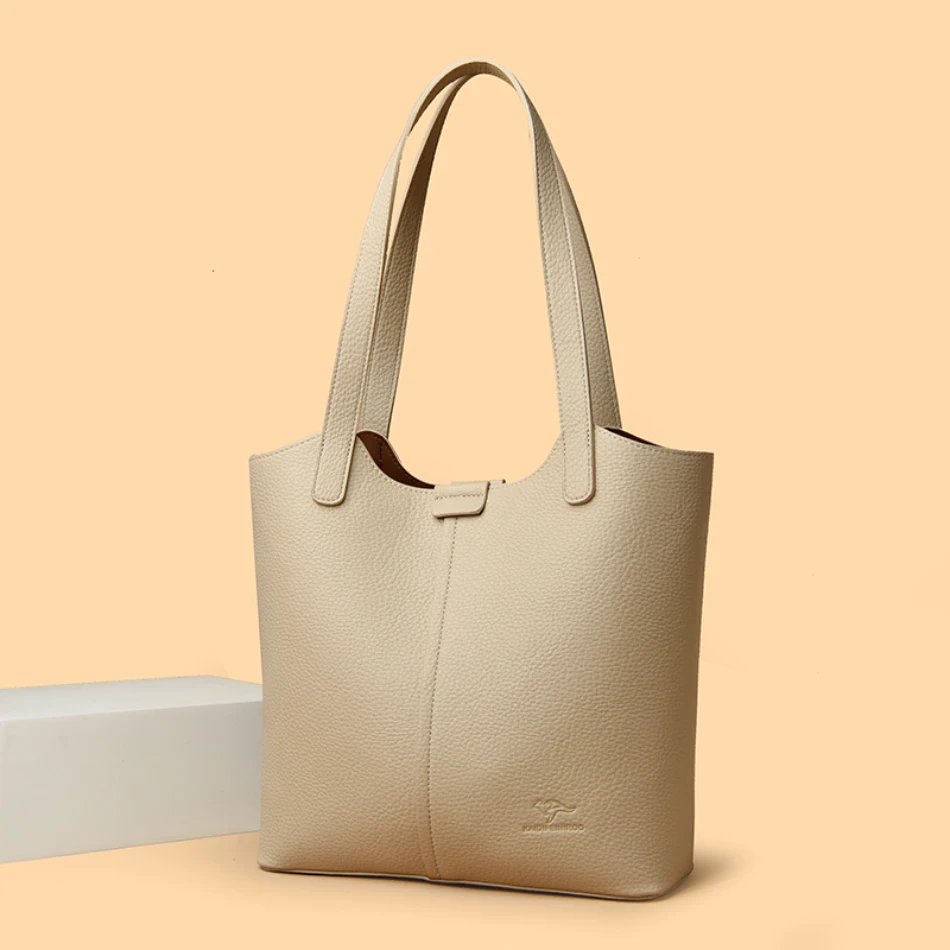 Genuine Brand Soft Leather Shoulder Bag For Women Casual Tote Bag Female Solid Color Purse Simple Design Handbag Commuting Sac