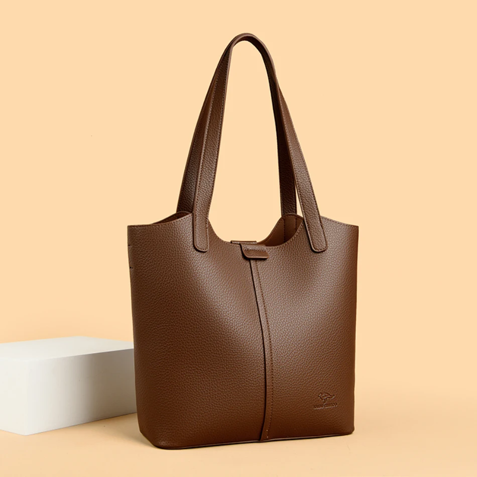Genuine Brand Soft Leather Shoulder Bag For Women Casual Tote Bag Female Solid Color Purse Simple Design Handbag Commuting Sac