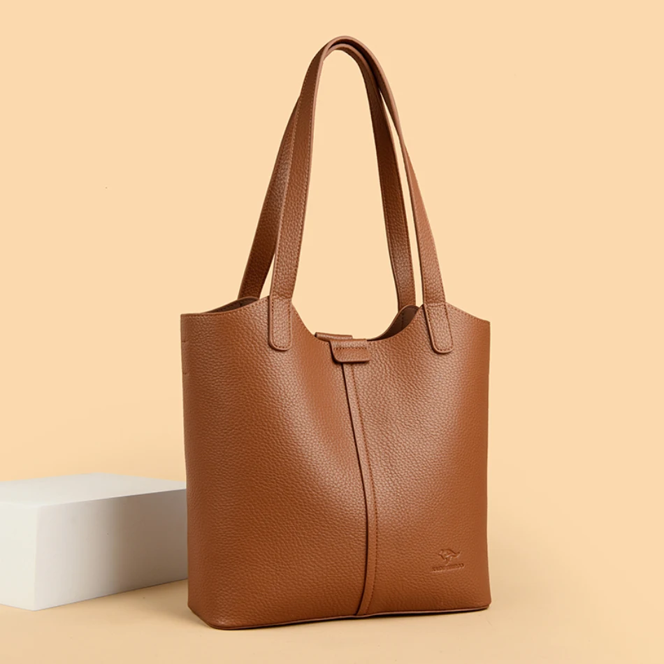 Genuine Brand Soft Leather Shoulder Bag For Women Casual Tote Bag Female Solid Color Purse Simple Design Handbag Commuting Sac