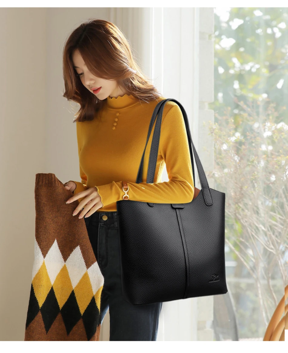 Genuine Brand Soft Leather Shoulder Bag For Women Casual Tote Bag Female Solid Color Purse Simple Design Handbag Commuting Sac