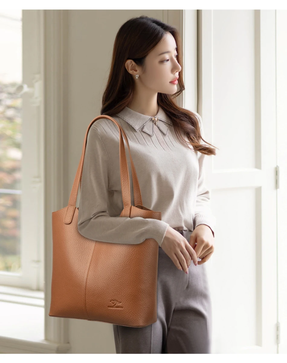 Genuine Brand Soft Leather Shoulder Bag For Women Casual Tote Bag Female Solid Color Purse Simple Design Handbag Commuting Sac
