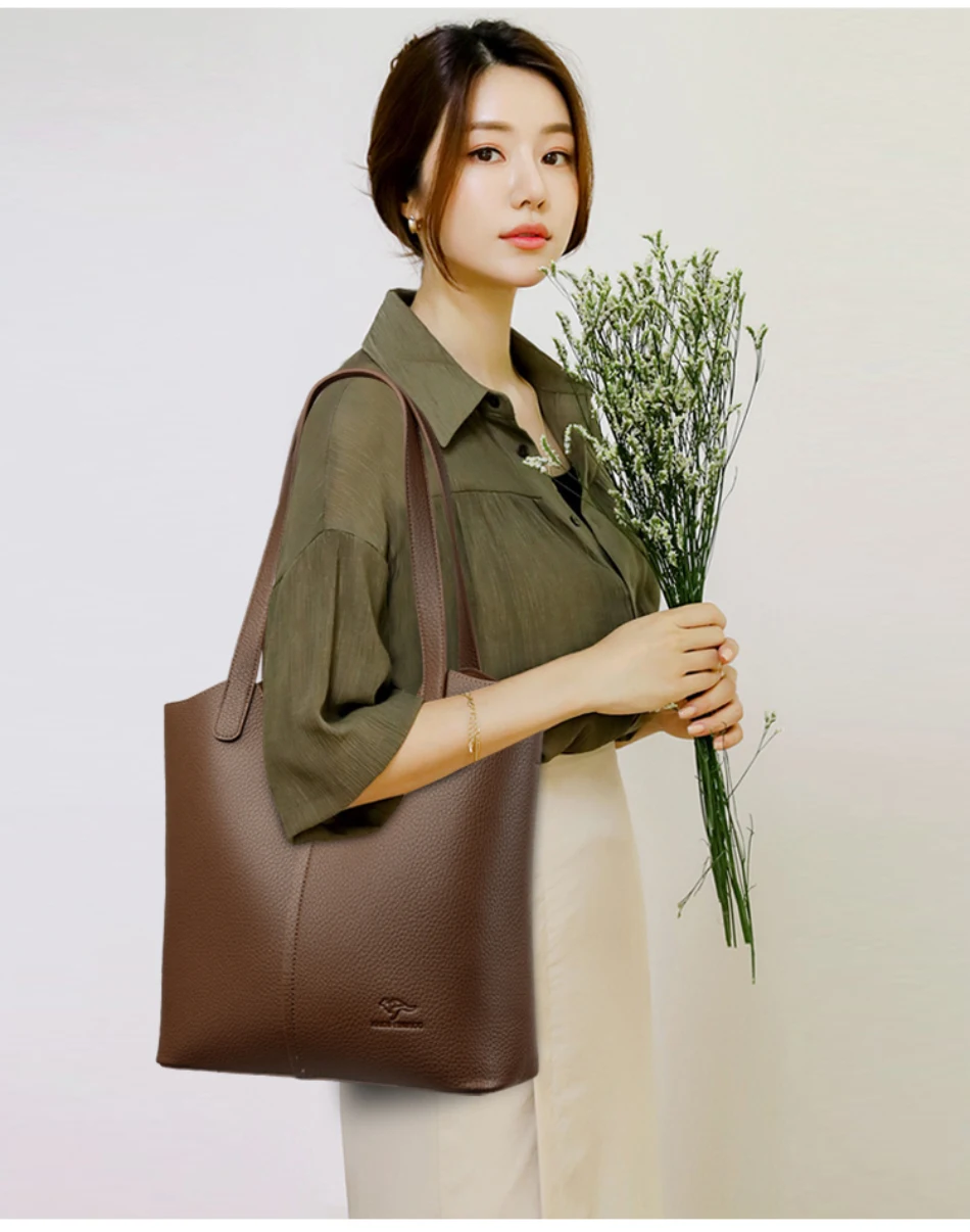 Genuine Brand Soft Leather Shoulder Bag For Women Casual Tote Bag Female Solid Color Purse Simple Design Handbag Commuting Sac
