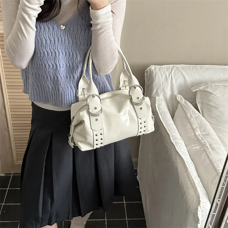 Vintage Style PU Leather Women Shoulder Bag Large Capacity High Quality Fashion Rivet Handbag Daily Use Y2K Motorcycle Bag