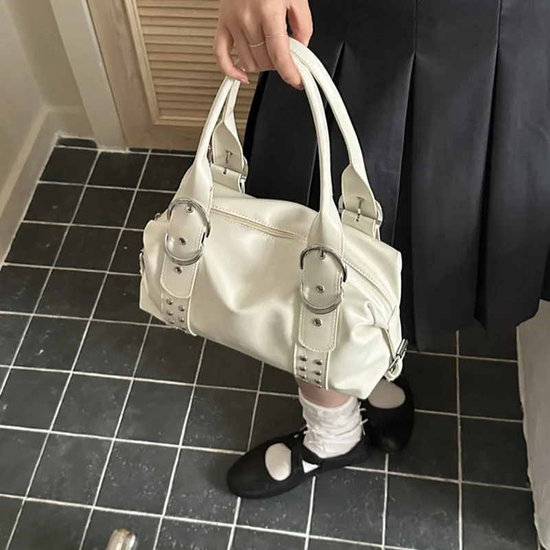 Vintage Style PU Leather Women Shoulder Bag Large Capacity High Quality Fashion Rivet Handbag Daily Use Y2K Motorcycle Bag