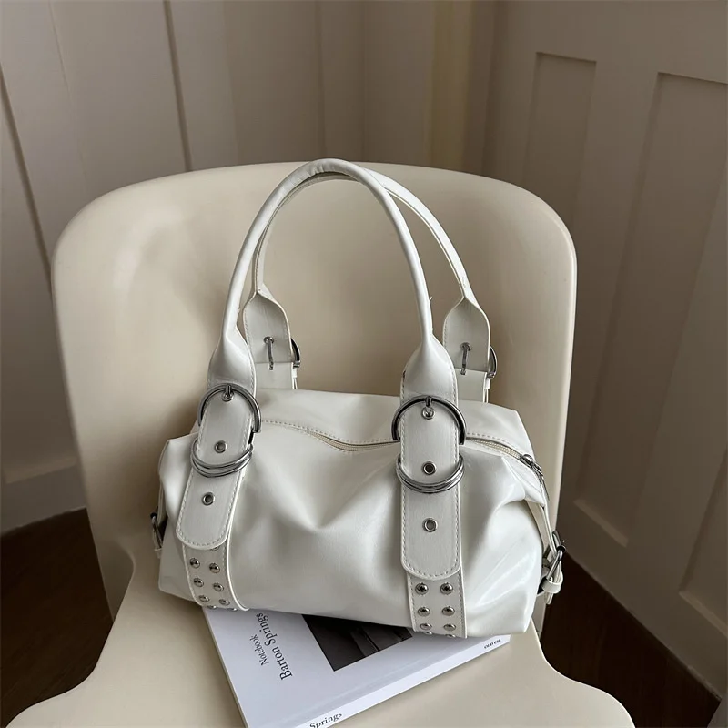 Vintage Style PU Leather Women Shoulder Bag Large Capacity High Quality Fashion Rivet Handbag Daily Use Y2K Motorcycle Bag
