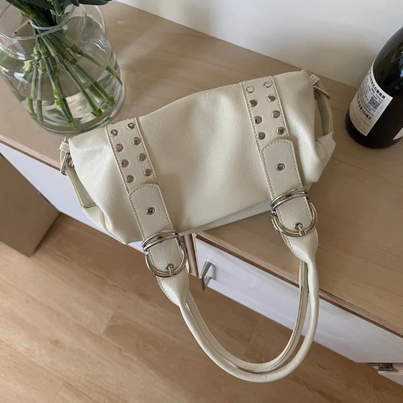 Vintage Style PU Leather Women Shoulder Bag Large Capacity High Quality Fashion Rivet Handbag Daily Use Y2K Motorcycle Bag