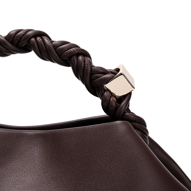 Women Dark Brown Soft Fabric Hobo Handbag Retro Braided Twisted Handle Minimalist Portable Handheld Crossbody Tote Purse