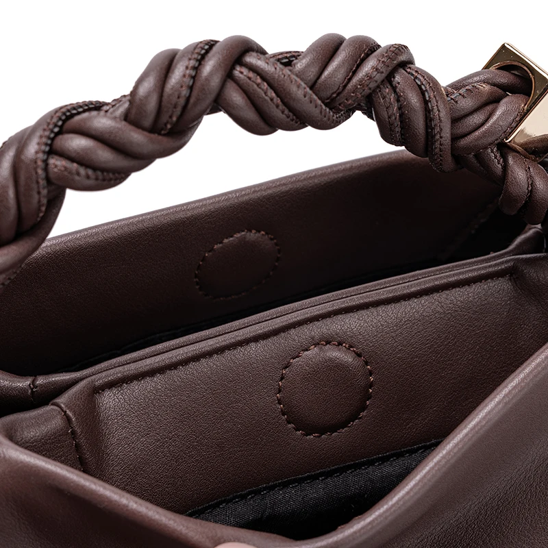 Women Dark Brown Soft Fabric Hobo Handbag Retro Braided Twisted Handle Minimalist Portable Handheld Crossbody Tote Purse