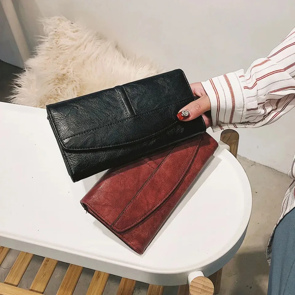 Vintage Trifold Wallet Women Long PU Leather Wallet Female Clutch Purse Hasp Female Phone Bag Girl Card Bags Ladies High Quality