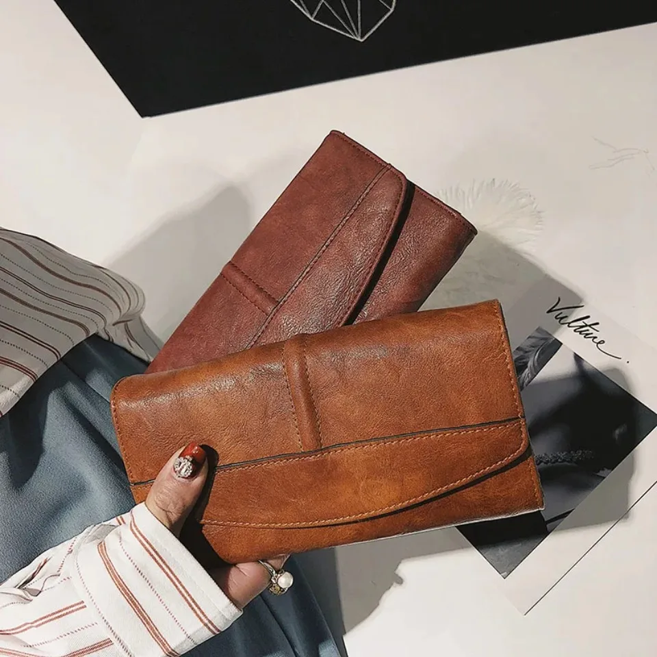 Vintage Trifold Wallet Women Long PU Leather Wallet Female Clutch Purse Hasp Female Phone Bag Girl Card Bags Ladies High Quality